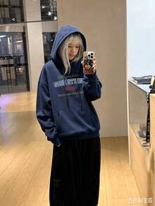 女款海軍藍大學字母印花連帽衛衣，復古落肩寬鬆抽繩長袖休閒上衣 - 藏青色 - 查看 2