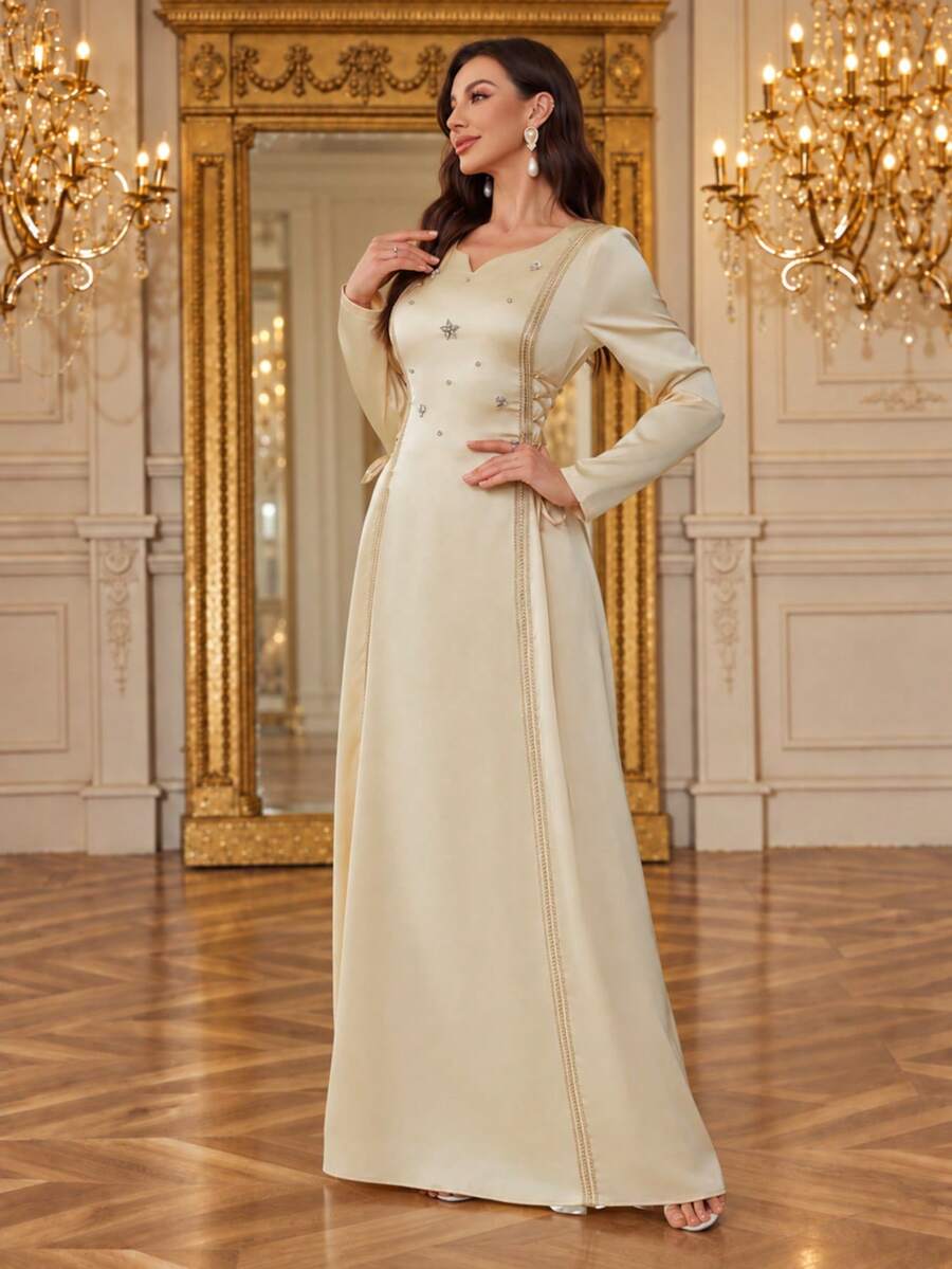 Elegant Women's V-Neck Long Sleeve Arabic Style Maxi A-Line Dress With Side Tie - Apricot - View 1