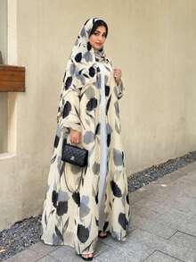 Hafizah Elegant Conservative Floral Print Long Sleeve Robe & Headscarf Fall - Apricot - View 5