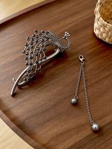1pc Sparkling Rhinestone Hollow Peacock Tassel Twist Hair Clip, Women's Back Head Updo Hair Accessory For Wedding, Banquet, Luxury - Multicolor - View 7