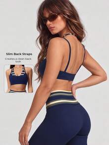 Women's 2 In 1 Contrast Stripe Halter Neck Double Strap V-Neck Padded Yoga Sports Bra, Backless Fitness Workout Bra - Blue - View 9