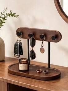 1pc Wooden Key Holder Tray With 4 Hooks, Entryway Desktop Key & Car Key Storage - Multicolor - View 2