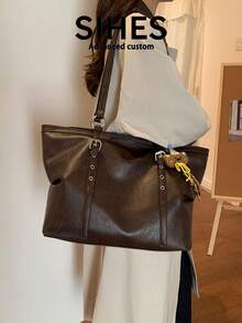 1pc Solid Color PU Leather New Women's Backpack, Shoulder Bag, Fashion Large Capacity Tote Bag, Zipper Closure, Dual Handles, Suitable For Commuting, Shopping, Dating, - Coffee - View 3