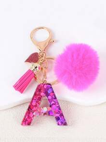 1pc Letter Keychain With Heart Pendant, Cute Rose Red Pom Pom Tassel Key Chain Decoration - Multicolor - View 30