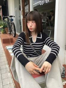 Women's Autumn/Winter Collared Hollow-Out Contrast Color Striped Slim Fit Versatile Sweater Top - Black - View 4