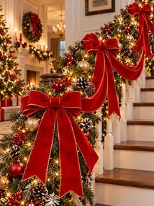 Christmas DIY Decoration Ribbon With Flocked Trim 2 Yards, Gold Edge Red Flocked Ribbon, Christmas Tree Wreath Decoration, Bow Christmas Tree, Gift Wrapping DIY Material Flocked Flocked Ribbon, Christmas Decoration Ribbon (No Paper Spool) - Gold-trimmed Red - View 9