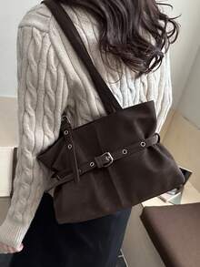 Dedoo Large Capacity Hand Tote, Solid Color, Metal Grommet Buckle Strap, Hand Carry, Simple Casual, Commute Travel Women Bag - Coffee - View 6