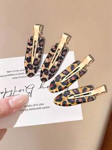 4/2pcs Minimalist Versatile Elegant Coffee Color Leopard Print Seamless Duckbill Hair Clips - Multicolor - View 7
