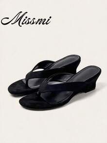 Summer New Wedge Heel Sandals Commuter Thong High Heels 8cm Versatile Women's Outdoor Wear,Flip Flops - Black - View 2