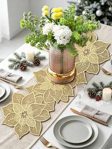 1pc Christmas Flower PVC Gold Foil Table Runner, Suitable For Christmas Dining Table Center Decor, Holiday Party Wedding Banquet Tablecloth - Multicolor - View 2