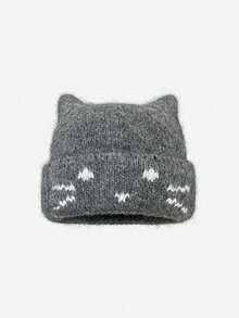 1pc Women's Y2k Cute With Embroidered Lovely Kitten Knit , Soft Cartoon Embroidered Skull Caps, Suitable For Autumn/Winter Warmth Daily Wear. - Cat Ear Embroidery - View 9