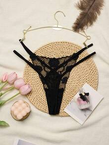 1pc Sexy Ladies Rose Embroidery Transparent Mesh Thong Panties, Low Waist G-String For Going Out - Black - View 3