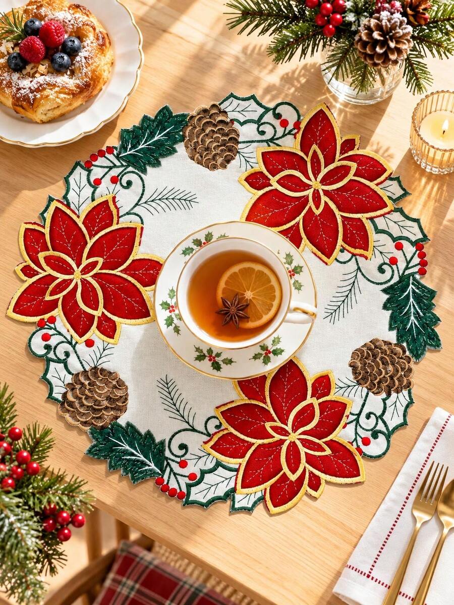 1pc Vintage Pastoral Style Christmas Placemat, Poinsettia Pine Cone Holly Berry Table Mat, Holiday Dining Table Decor Ornament, Suitable For Christmas Home Party Table Decoration - Multicolor - View 1