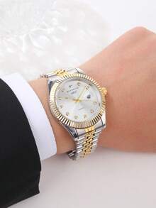 RICECGO A Men's Quartz Wristwatch With A Two-Tone Stainless Steel Bracelet And Dual Calendar Display-Perfect For Commuting, Social Gatherings, Or As A Gift - Multicolor - View 7