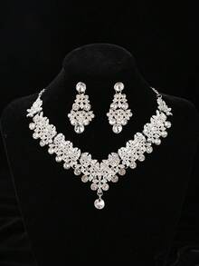 Sparkling Silver Bridal Set, Exquisite High Crown With Diamonds, Includes Luxurious Necklace And Pendant Earrings, Designed For Grand Wedding Day - Silver - View 7
