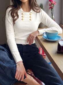 Women's White Long Sleeve Collared Top With Double-Breasted Faux Button Design, Autumn/Winter - Off White - View 8