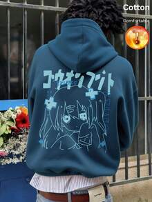 Autumn/Winter Men's Fleece Hoodie With Anime Character & Japanese Text Print, Y2K Style - Cow Blue - View 3
