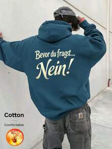 Men's Fleece Hooded Sweatshirt, Back Print "Bevor Du Fragst... Nein!", Y2K Style, Autumn/Winter - Cow Blue - View 10