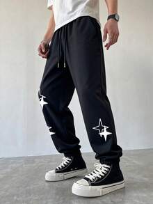 Camvyn Men's Casual Star Print Loose Fit Long Pants, Sporty Style For Summer - Black - View 1