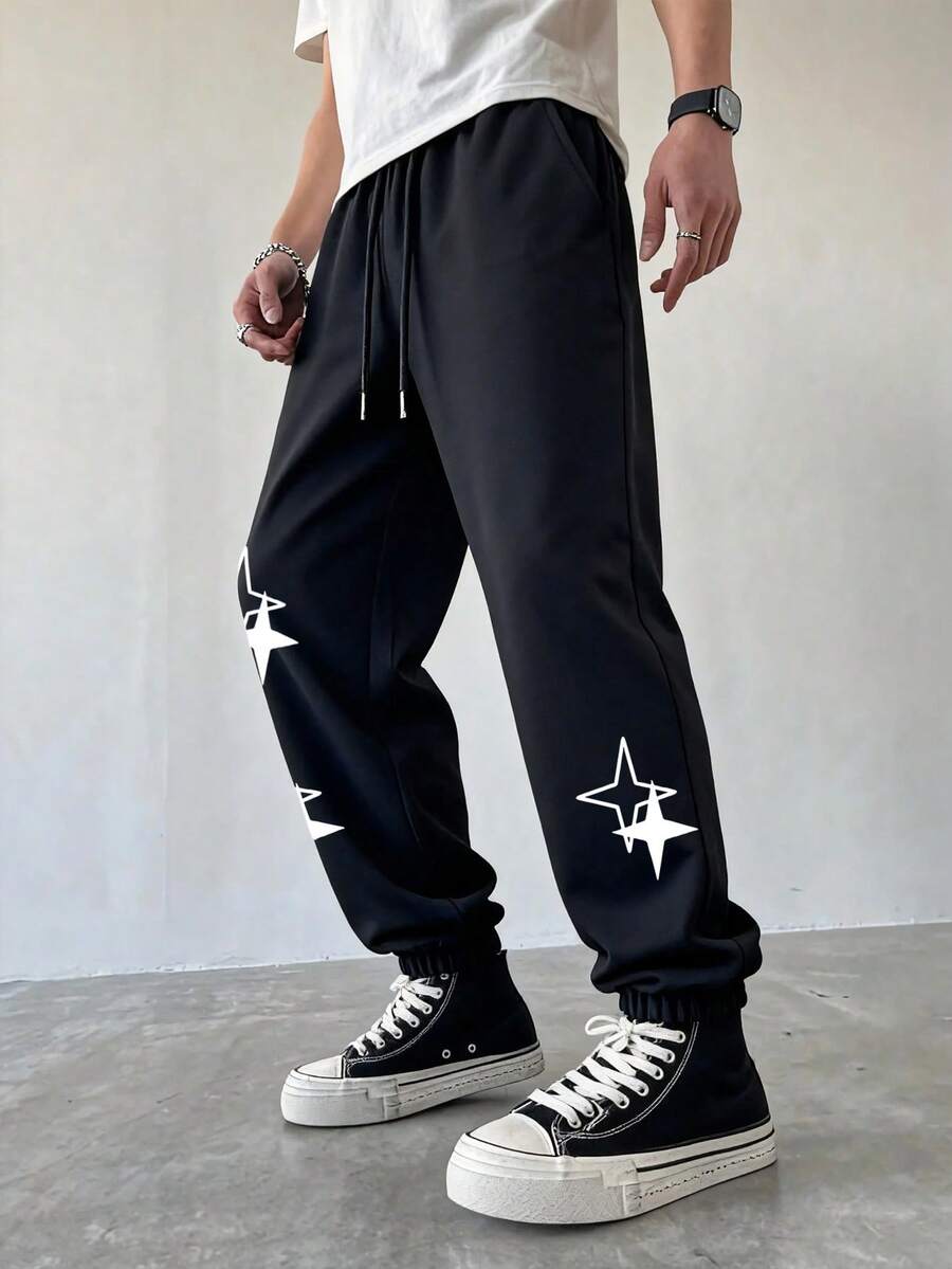 Camvyn Men's Casual Star Print Loose Fit Long Pants, Sporty Style For Summer - Black - View 1