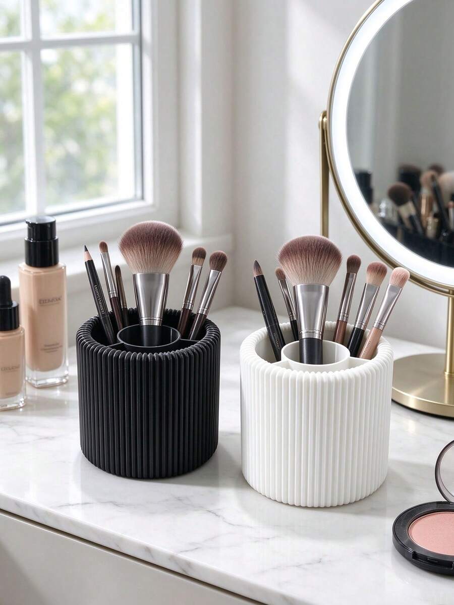 3D Printed Vertical Striped Divided Makeup Brush Holder, 3D Round Decorative Ornament, Multiple Colors Available, Large Capacity Vanity Storage Bucket, Can Hold Eyebrow Pencils And Makeup Brushes, High-Value Desktop Beauty Storage Decor - Multicolor - View 1