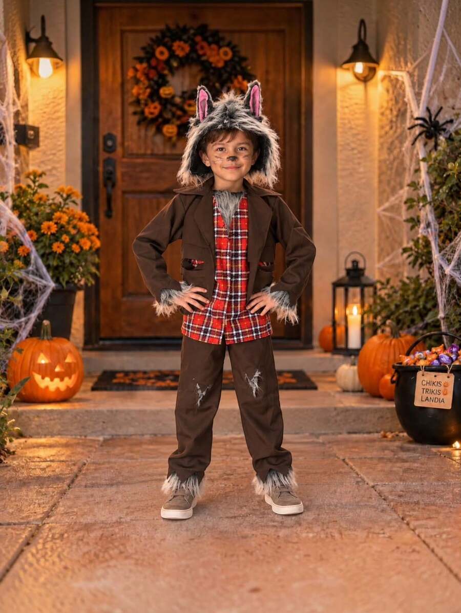 Disfraz de Lobo Infantil para niños o niñas, Halloween Con Orejas y Peluche - Café integral - Ver 1