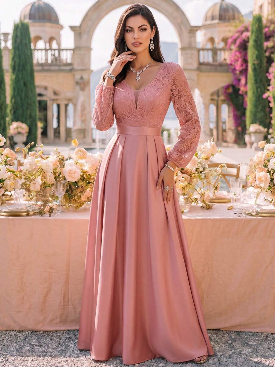 MIUSOL Deep V-Neck Floral Lace Contrast Color Satin Lantern Sleeve Evening Party Maxi Dress - Dusty Pink - View 1
