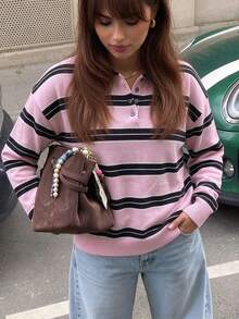 Just Masa Women's Fall Casual Contrast Striped Loose Sweater Pullover,Long Sleeve POLO Collar Rib-Knit Chic Top,For Halloween,Vacation,Going Out - Pink Stripes - View 1