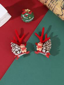 2pcs Christmas Atmosphere 3D Deer Horn Alligator Hair Clips, Multiple Styles Cartoon Christmas Tree Decorative Hair Clips, Versatile Holiday Outfit Photo Headwear - Multicolor - View 7