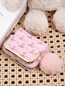 Fashionable Women's Pink Bow‑Print Kiss‑Lock Coin Purse, Fluffy Pom‑Pom Charm, Zipper Compartment, Suitable For Commuting And Shopping - Hot Pink - View 9