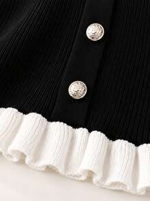 Perirose Women's Black Ribbed Knit Mini Dress, V-Neck Front Button Slim Fit Long Sleeve Dress With White Ruffle Trim, Autumn/Winter Office And Date Outfit - Black - View 5