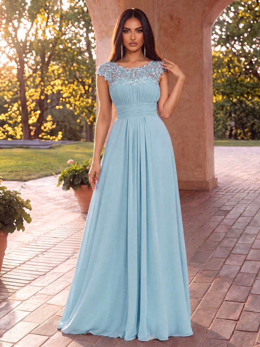EVERPRETTY Guipure Lace Yoke Cutout Back Chiffon Bridesmaid Dress - Baby Blue - View 1