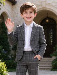 YOKLUN 2pcs Young Boy Plaid Suit Set Jacket + Pants Suitable For Stage Performance, Wedding Page Boy, Birthday Ceremony - Grey - View 3