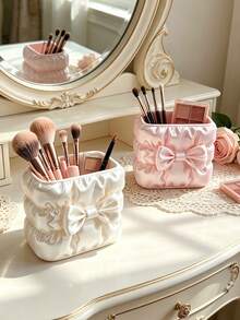 Girl Style Bow Knot Pleated Makeup Storage Bucket, Faux Satin Fabric Texture, Square Large Capacity, Can Store Makeup Tools, Also Serve As Desktop Pen Holder, Dual-Use Storage Container For Vanity And Desk - Multicolor - View 10