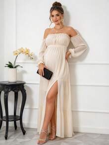 Joyfunear Pregnant Women's Solid Color Dress With Split To Thigh And Frilled Hem, Elegant Summer Dress For Maternity With Long Sleeve, For Party Spring Fall - Apricot - View 1
