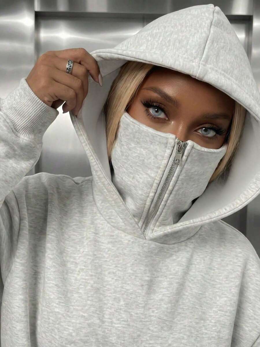 Women's Casual Fleece Lined Stand Collar Half-Zip Loose Hooded Sweatshirt, Suitable For Daily Autumn/Winter Wear, Autumn/Winter Clothing, Winter/Autumn Outfit, Outdoor Wear - Light Grey - View 1