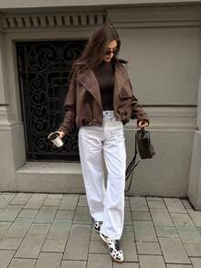 2026 New Autumn/Winter Vintage Faux Suede Short Loose Jacket, Long Sleeve Lapel Casual Everyday Outerwear - Coffee Brown - View 6