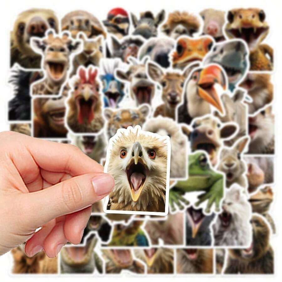 50Pcs Funny Realistic Animal Face Meme Stickers, Waterproof Vinyl Decorative Decals, Cute Animal Sticker Pack For Water Bottle Laptop Phone Case Scrapbook Journal DIY Crafts - Multicolor - View 1