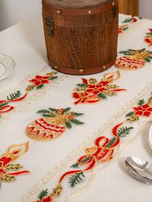 1PC 3D Christmas Bauble & Candle Embroidered Christmas Sheer Table Runner, Multiple Sizes Available, 11.8 Inches Width, Exquisite Bauble Embroidery Craft, Dual-Purpose Decor For Christmas Parties & Cabinet Cover - Multi-color Christmas Baubles - View 5