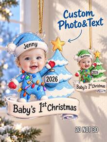 1pc Custom Baby's 1st Christmas Photo And Text Ornament, Personalized Glitter Santa Baby Outfit Keepsake Gift,Newborn First Christmas Memory - Multicolor - View 2