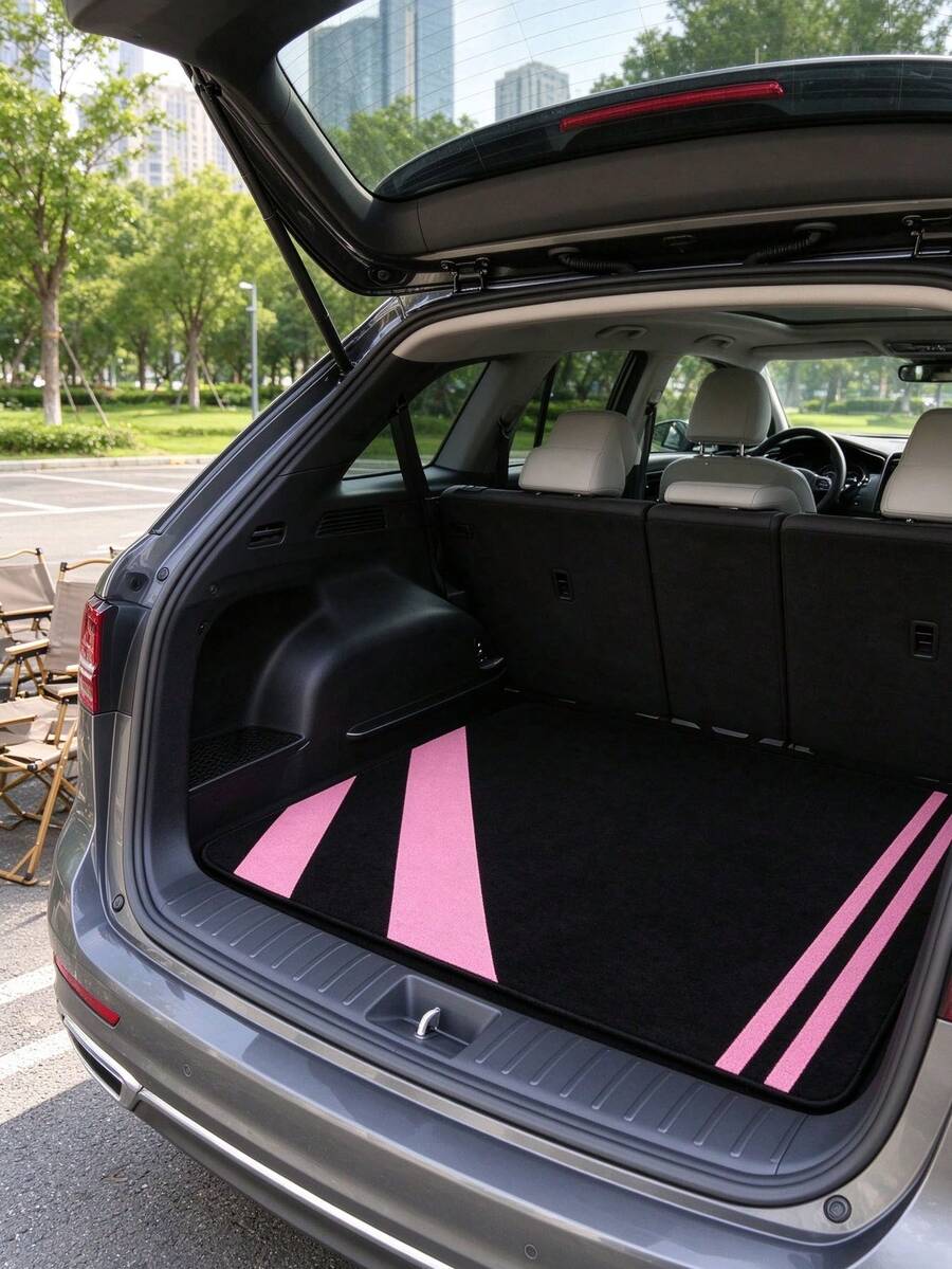 1pc Black & Pink Color Block Car Trunk Mat, Geometric Line Design Cargo Liner, Non-Slip Waterproof Rear Boot Floor Protector, Minimalist Stylish Interior Accessories For Women, Universal Fit For Sedans, SUVs, Trucks, Easy Clean Dustproof Pad - A - View 1