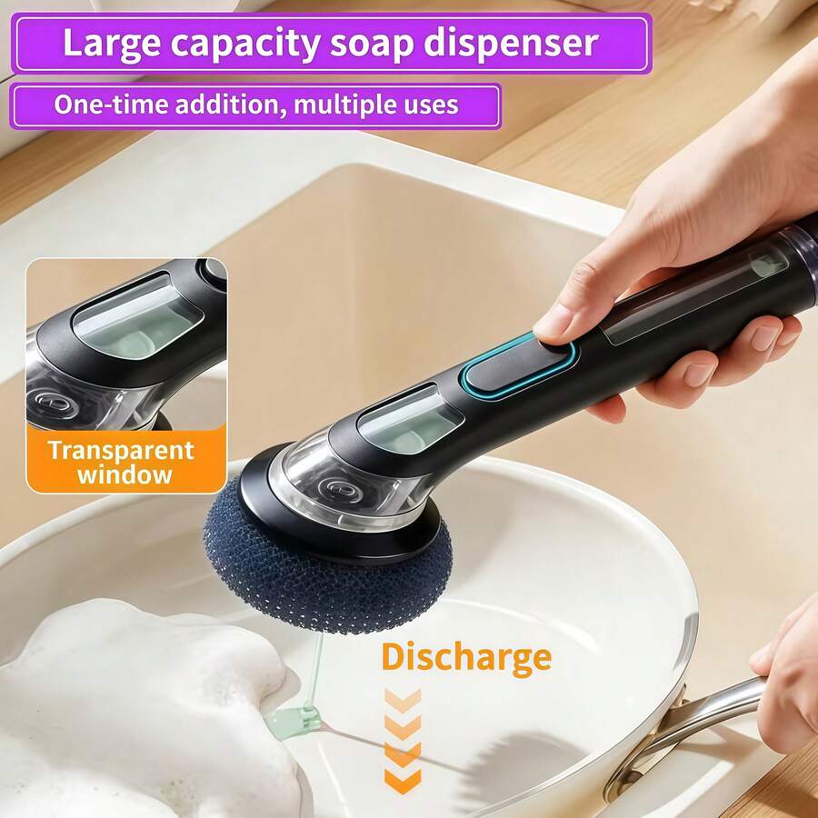 1pc Long Handle Steel Wire Ball Brush, Multi-Function Soap Dispensing Pot Brush, Long Handle Kitchen Cleaning Brush, Replaceable Brush Head, Suitable For Pots, Pans And Bowls Cleaning, Household Kitchen Tool
