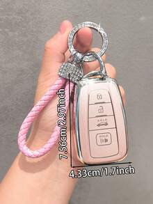 Compatible With Toyota 4-Button Smart Car Key, Silver Edge Quicksand Pink Full Coverage Protective Shell, Exquisite Rhinestone Braided Rope Highly Attractive Women's Car Key Cover, Car Accessories, Key Fob Cover, Auto Parts, Halloween, Thanksgiving, Cyber Monday, Christmas, Valentine, Mother's Day, Father's Day, Gift - 4-button Key Fob Sand-filled Style - View 3