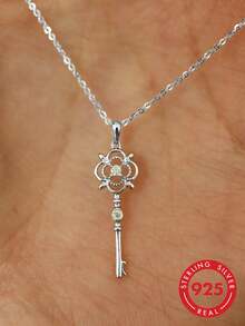 BALMORA 1pc 925 Sterling Silver Cubic Zirconia Key Pendant Necklace, Luxury Retro Clavicle Chain, Mother's Day Gift For Women - Silver - View 2