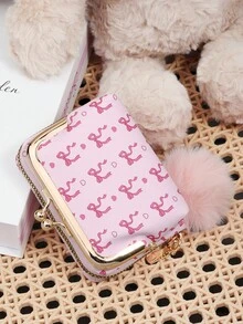 Fashionable Ladies' Pink Bow Print Can Be Split For Wallet Use, With A Pom-Pom Charm, Zipper Compartment, Suitable For Commuting And Shopping - Hot Pink - View 8