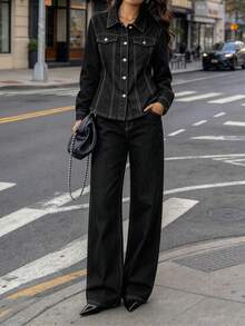 Women's New Solid Color Washed Denim 2-Piece Set, Includes Lapel Button Front Jacket And Wide Leg Jeans, Casual Non-Stretch Fashion Style - Dark Wash - View 6