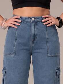 Plus Size Women's Loose Denim Cargo Pants, Washed Non-Stretch Wide Leg Jeans, With Pockets, Y2K Loose Fit Long Casual Trousers - Blue - View 3