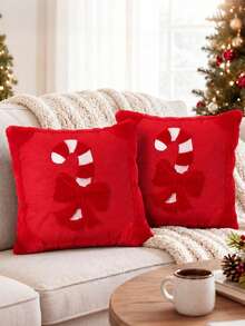 1PC Christmas Pillow Covers 18x18 Faux Fur 3D Candy Cane Beige Red, 3D Embroidered, Candy Cane, Peppermint Candy, Soft Plush Faux Fur, Throw Cushion Case, Bedroom Living Room Decor Christmas Cushion Covers Autumn Home Decor Halloween Christmas Gifts - Candy Cane - View 1