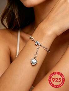 1pc Minimalist Premium 925 Sterling Silver Embossed Paperclip Chain Polished Heart Pendant Bracelet, Suitable For Women's Daily Commute Wear - Silver - View 1