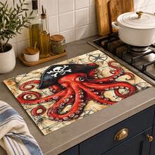 1pc Pirate Octopus Illustration Diatom Mud Absorbent Drying Mat, Kitchen Countertop Draining Mat, Coffee Machine Mat, Dish Drying Mat, Dining Table Breakfast Mat, Non-Slip Heat-Resistant Easy To Clean Hidden Water Stains, Suitable For Kitchen, Dining Table, Coffee Shop, Bar, Home Decor, Holiday Gift - Multicolor - View 2